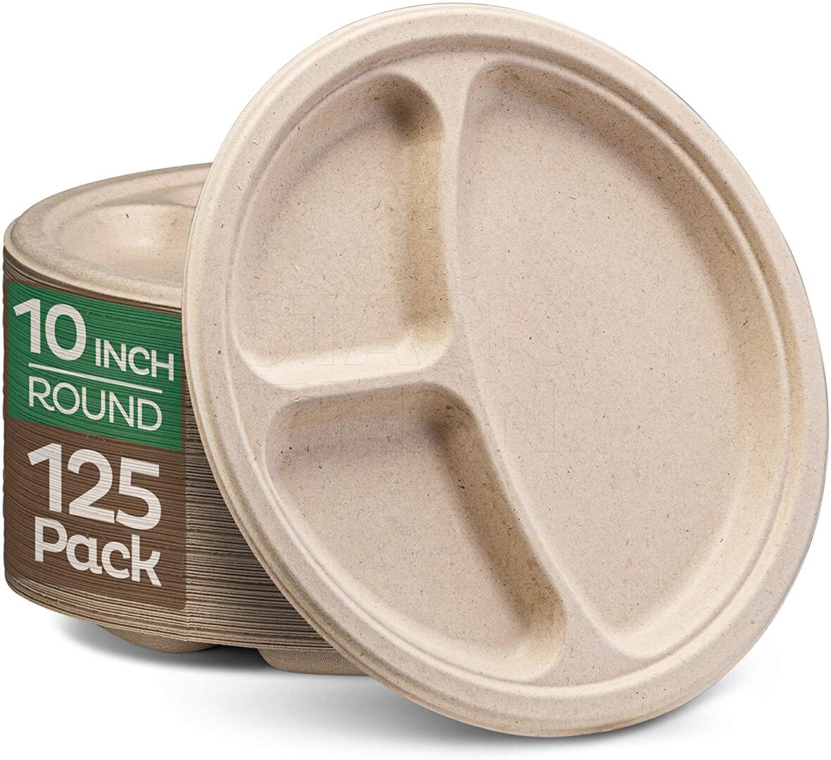 100% Compostable Paper Plates [10 inch - 125-Pack] 3 Compartment