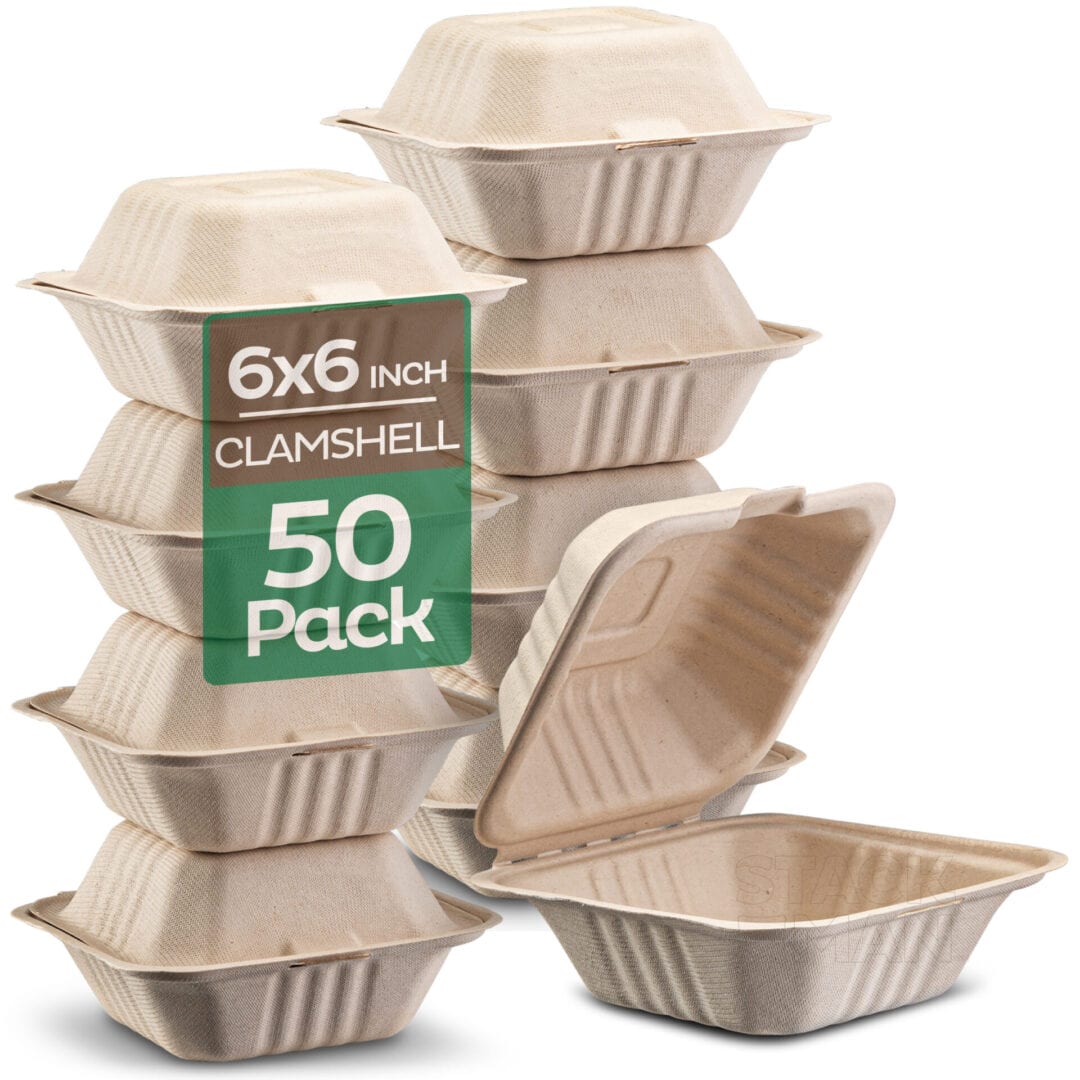 100% Compostable Clamshell Take Out Food Containers [6x6 50-Pack]  Heavy-Duty Quality to go Containers, Natural Disposable Bagasse,  Eco-Friendly Biodegradable Made of Sugar Cane Fibers - No Plastic Drinks