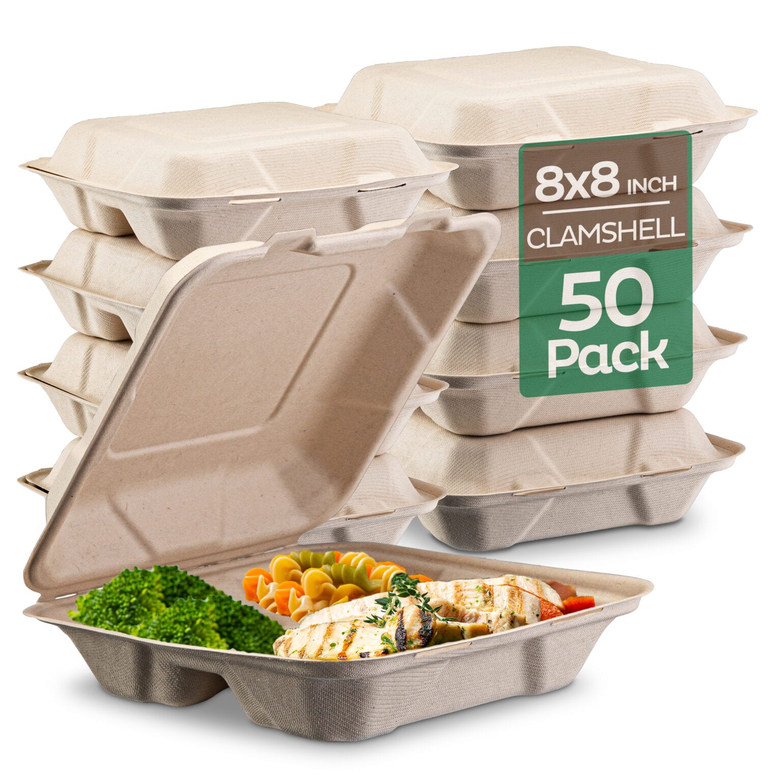 100 Compostable Clamshell Take Out Food Containers [8X8" 50Pack