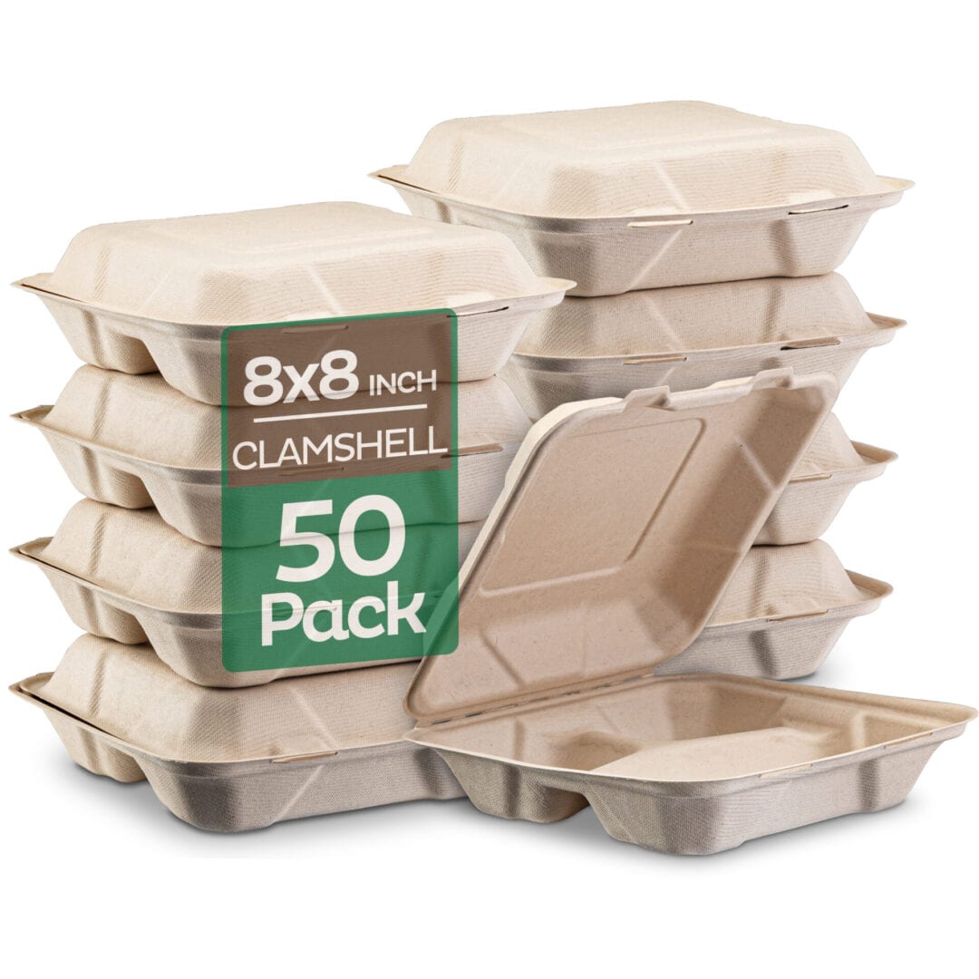 Vallo 100% Compostable Clamshell To Go Boxes For Food [8X8 3-Compartment  50-Pack] Disposable Take Out Containers, Made of Biodegradable Sugar Cane