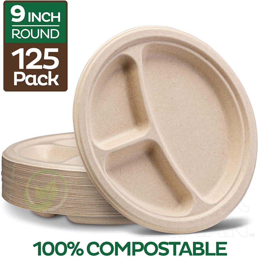 Comfy Package 100% Compostable 10 inch Heavy-Duty Paper Plates [125 Pack] Eco-Friendly Disposable Sugarcane Plates