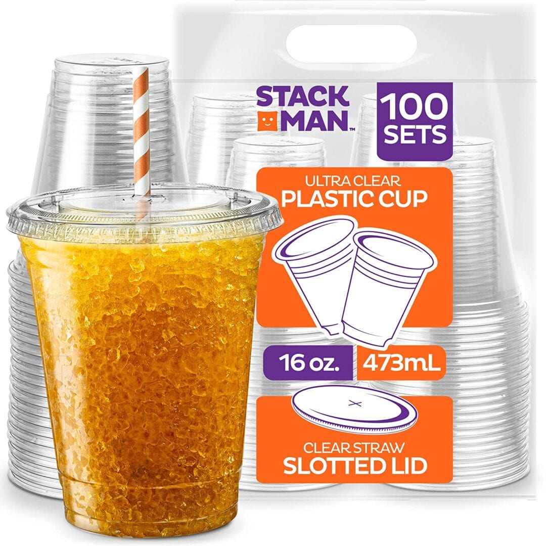 Stack Man 16 oz. Clear Cups with Strawless Sip-Lids, [50 Sets] PET