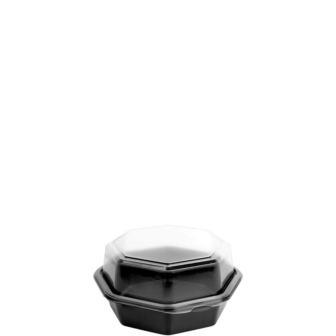 44 oz. RPET Hinged Lid Octagon Take Out Container, Black Base and