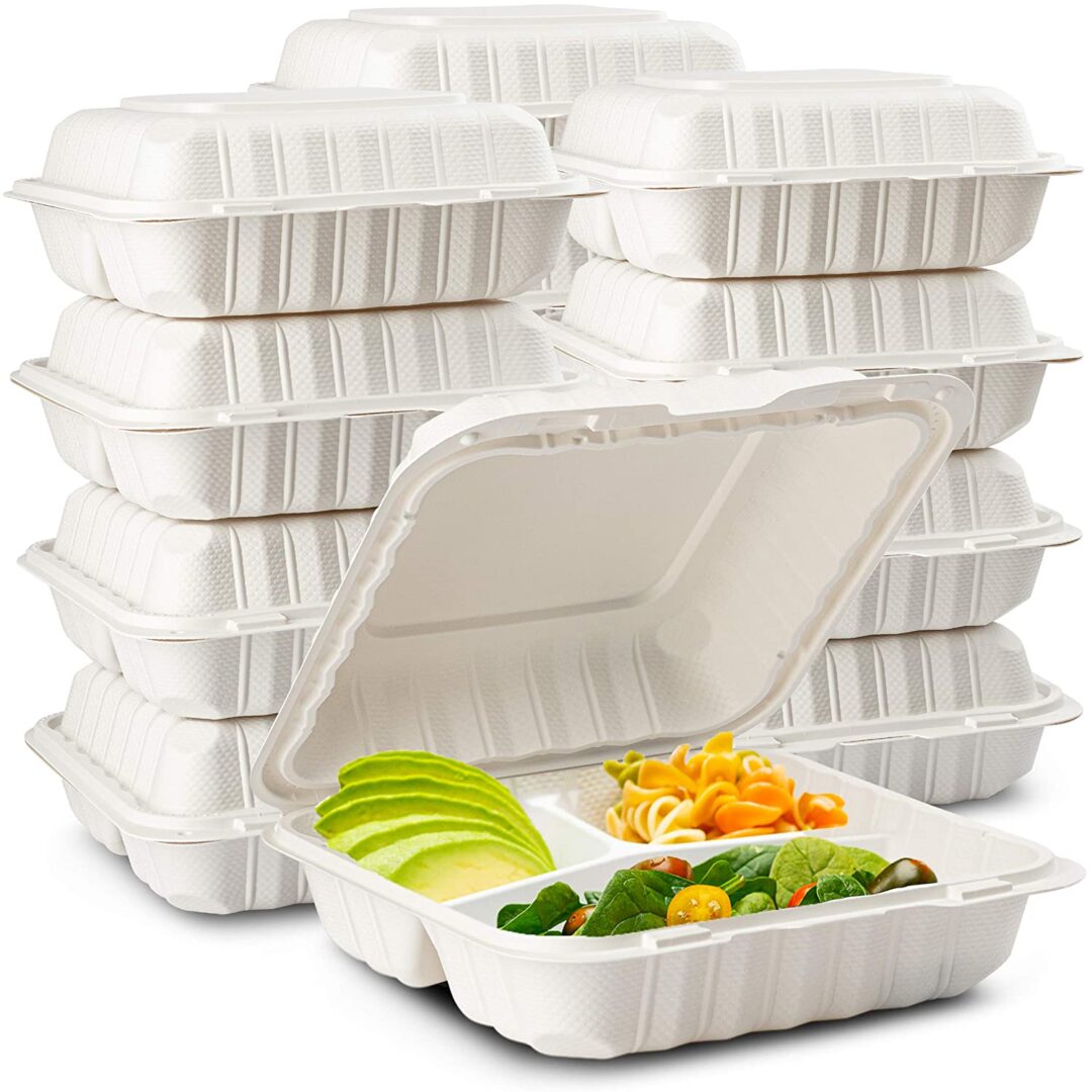 Eco-Friendly Meal Prep Containers 3 Compartment [150-Case 8x8x3] Disposable  to go Clamshell Food Containers Secure Snap Hinged Lid, Microwave Safe Take  Out Lunch Boxes, Made from Renewable Materials [Black] - A World