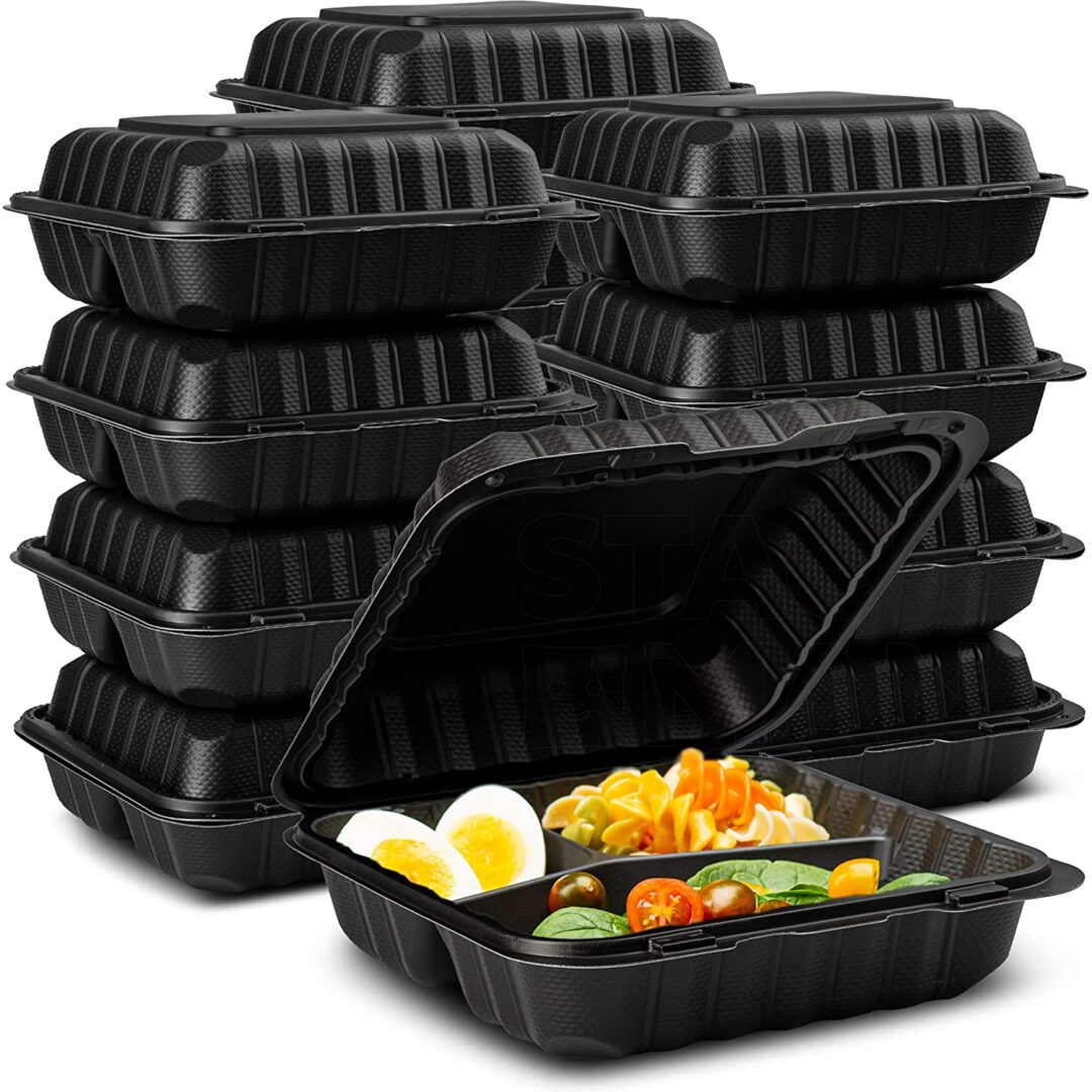 Eco-Friendly Meal Prep Containers 3 Compartment [150-Case 8x8x3]  Disposable to go Clamshell Food Containers Secure Snap Hinged Lid,  Microwave Safe Take Out Lunch Boxes, Made from Renewable Materials [Black]  - A World
